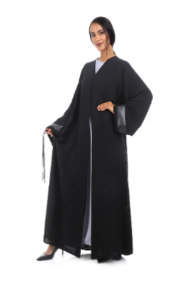 Modern Abaya with Interwoven Leather Panel Highlighted with Crystal Elements