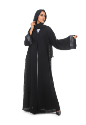 Modern Abaya with Interwoven Leather Panel Highlighted with Crystal Elements
